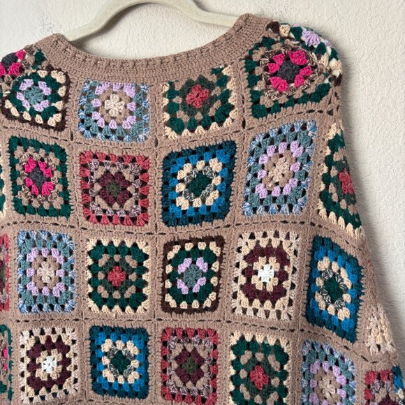 Boho Wool Blend Granny Square Colorful Crochet Poncho Sweater Top - Picture 6 of 11